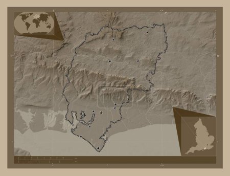Photo for Chichester, non metropolitan district of England - Great Britain. Elevation map colored in sepia tones with lakes and rivers. Locations of major cities of the region. Corner auxiliary location maps - Royalty Free Image