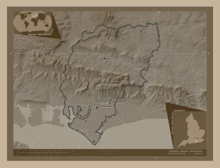 Photo for Chichester, non metropolitan district of England - Great Britain. Elevation map colored in sepia tones with lakes and rivers. Locations and names of major cities of the region. Corner auxiliary location maps - Royalty Free Image