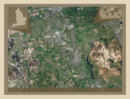 Foto de Chorley, distrito no metropolitano de Inglaterra Gran Bretaña. Mapa satelital de alta resolución. Ubicaciones de las principales ciudades de la región. Mapas de ubicación auxiliares de esquina - Imagen libre de derechos