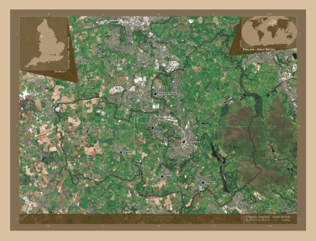 Foto de Chorley, distrito no metropolitano de Inglaterra Gran Bretaña. Mapa satelital de baja resolución. Ubicaciones y nombres de las principales ciudades de la región. Mapas de ubicación auxiliares de esquina - Imagen libre de derechos