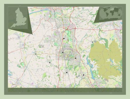 Foto de Chorley, distrito no metropolitano de Inglaterra Gran Bretaña. Open Street Map. Ubicaciones de las principales ciudades de la región. Mapas de ubicación auxiliares de esquina - Imagen libre de derechos