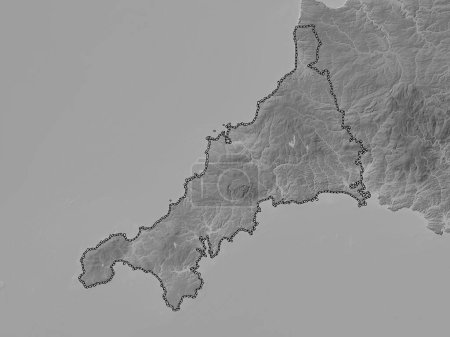 Téléchargez les photos : Cornwall, comté administratif d'Angleterre - Grande-Bretagne. Carte d'altitude en niveaux de gris avec lacs et rivières - en image libre de droit