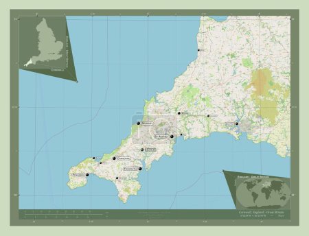 Téléchargez les photos : Cornwall, comté administratif d'Angleterre - Grande-Bretagne. Ouvrir la carte routière. Emplacements et noms des grandes villes de la région. Corner cartes de localisation auxiliaires - en image libre de droit