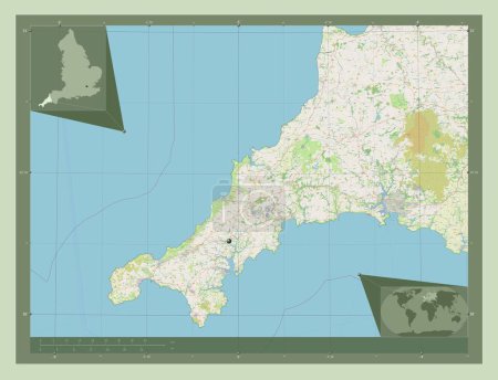 Téléchargez les photos : Cornwall, comté administratif d'Angleterre - Grande-Bretagne. Ouvrir la carte routière. Corner cartes de localisation auxiliaires - en image libre de droit