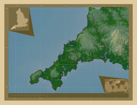 Téléchargez les photos : Cornwall, comté administratif d'Angleterre - Grande-Bretagne. Carte d'altitude colorée avec lacs et rivières. Emplacements des grandes villes de la région. Corner cartes de localisation auxiliaires - en image libre de droit