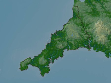 Téléchargez les photos : Cornwall, comté administratif d'Angleterre - Grande-Bretagne. Carte d'altitude colorée avec lacs et rivières - en image libre de droit