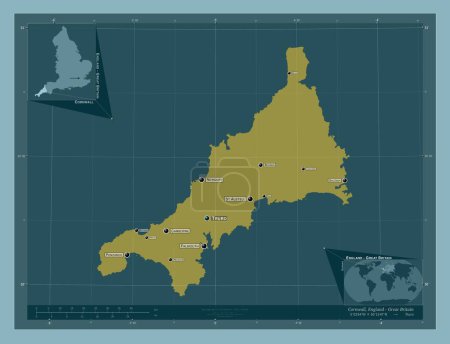 Téléchargez les photos : Cornwall, comté administratif d'Angleterre - Grande-Bretagne. Forme de couleur unie. Emplacements et noms des grandes villes de la région. Corner cartes de localisation auxiliaires - en image libre de droit
