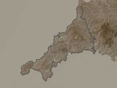 Téléchargez les photos : Cornwall, comté administratif d'Angleterre - Grande-Bretagne. Carte d'altitude colorée dans des tons sépia avec des lacs et des rivières - en image libre de droit