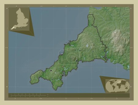 Téléchargez les photos : Cornwall, comté administratif d'Angleterre - Grande-Bretagne. Carte d'altitude colorée dans le style wiki avec des lacs et des rivières. Emplacements des grandes villes de la région. Corner cartes de localisation auxiliaires - en image libre de droit