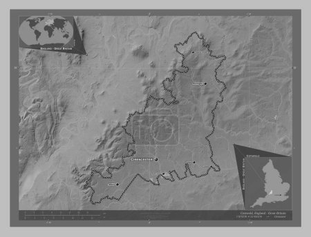 Photo for Cotswold, non metropolitan district of England - Great Britain. Grayscale elevation map with lakes and rivers. Locations and names of major cities of the region. Corner auxiliary location maps - Royalty Free Image