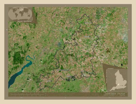 Photo for Cotswold, non metropolitan district of England - Great Britain. High resolution satellite map. Locations and names of major cities of the region. Corner auxiliary location maps - Royalty Free Image
