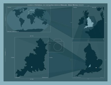 Photo for Cotswold, non metropolitan district of England - Great Britain. Diagram showing the location of the region on larger-scale maps. Composition of vector frames and PNG shapes on a solid background - Royalty Free Image