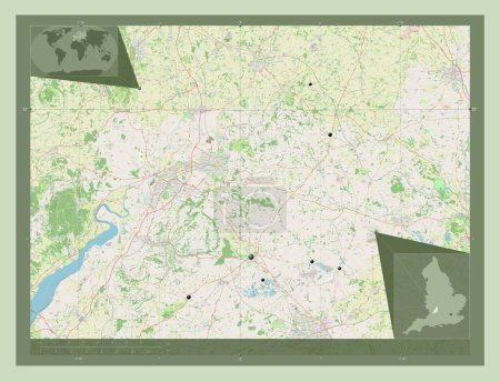 Foto de Cotswold, distrito no metropolitano de Inglaterra Gran Bretaña. Open Street Map. Ubicaciones de las principales ciudades de la región. Mapas de ubicación auxiliares de esquina - Imagen libre de derechos