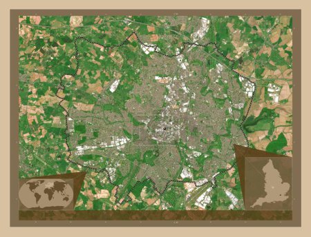 Téléchargez les photos : Coventry, comté administratif d'Angleterre - Grande-Bretagne. Carte satellite basse résolution. Corner cartes de localisation auxiliaires - en image libre de droit