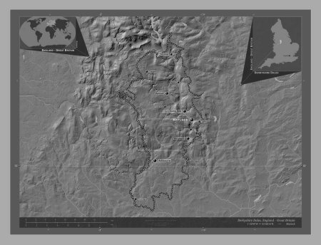 Photo for Derbyshire Dales, non metropolitan district of England - Great Britain. Bilevel elevation map with lakes and rivers. Locations and names of major cities of the region. Corner auxiliary location maps - Royalty Free Image