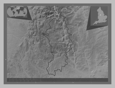 Photo for Derbyshire Dales, non metropolitan district of England - Great Britain. Grayscale elevation map with lakes and rivers. Corner auxiliary location maps - Royalty Free Image