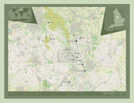 Téléchargez les photos : Derbyshire, comté administratif d'Angleterre - Grande-Bretagne. Ouvrir la carte routière. Emplacements et noms des grandes villes de la région. Corner cartes de localisation auxiliaires - en image libre de droit