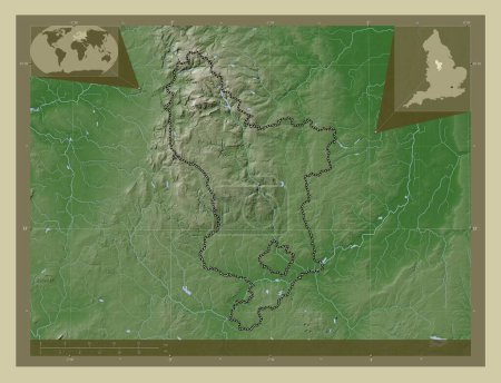 Foto de Derbyshire, condado administrativo de Inglaterra - Gran Bretaña. Mapa de elevación coloreado en estilo wiki con lagos y ríos. Mapas de ubicación auxiliares de esquina - Imagen libre de derechos