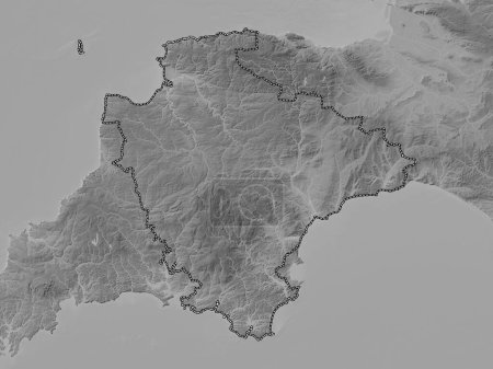 Téléchargez les photos : Devon, comté administratif d'Angleterre - Grande-Bretagne. Carte d'altitude en niveaux de gris avec lacs et rivières - en image libre de droit