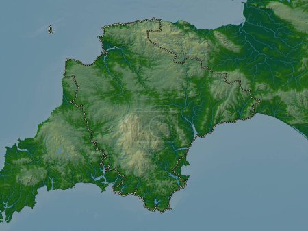 Téléchargez les photos : Devon, comté administratif d'Angleterre - Grande-Bretagne. Carte d'altitude colorée avec lacs et rivières - en image libre de droit