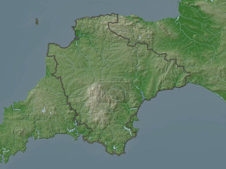 Téléchargez les photos : Devon, comté administratif d'Angleterre - Grande-Bretagne. Carte d'altitude colorée dans le style wiki avec des lacs et des rivières - en image libre de droit