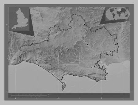 Photo for Dorset, administrative county of England - Great Britain. Grayscale elevation map with lakes and rivers. Locations of major cities of the region. Corner auxiliary location maps - Royalty Free Image