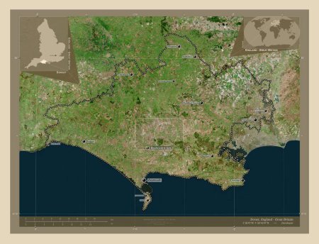 Foto de Dorset, condado administrativo de Inglaterra - Gran Bretaña. Mapa satelital de alta resolución. Ubicaciones y nombres de las principales ciudades de la región. Mapas de ubicación auxiliares de esquina - Imagen libre de derechos