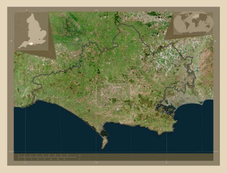 Téléchargez les photos : Dorset, comté administratif d'Angleterre - Grande-Bretagne. Carte satellite haute résolution. Corner cartes de localisation auxiliaires - en image libre de droit