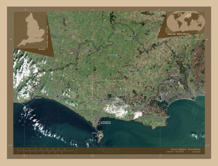 Foto de Dorset, condado administrativo de Inglaterra - Gran Bretaña. Mapa satelital de baja resolución. Ubicaciones y nombres de las principales ciudades de la región. Mapas de ubicación auxiliares de esquina - Imagen libre de derechos