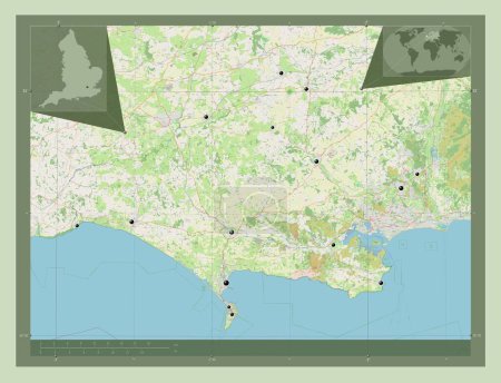 Foto de Dorset, condado administrativo de Inglaterra - Gran Bretaña. Open Street Map. Ubicaciones de las principales ciudades de la región. Mapas de ubicación auxiliares de esquina - Imagen libre de derechos
