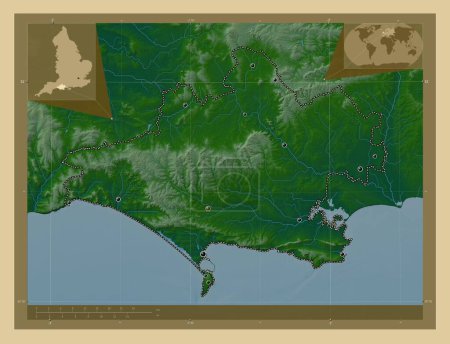 Foto de Dorset, condado administrativo de Inglaterra - Gran Bretaña. Mapa de elevación de colores con lagos y ríos. Ubicaciones de las principales ciudades de la región. Mapas de ubicación auxiliares de esquina - Imagen libre de derechos