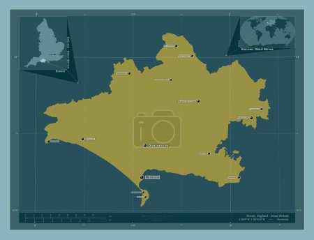 Foto de Dorset, condado administrativo de Inglaterra - Gran Bretaña. Forma de color sólido. Ubicaciones y nombres de las principales ciudades de la región. Mapas de ubicación auxiliares de esquina - Imagen libre de derechos