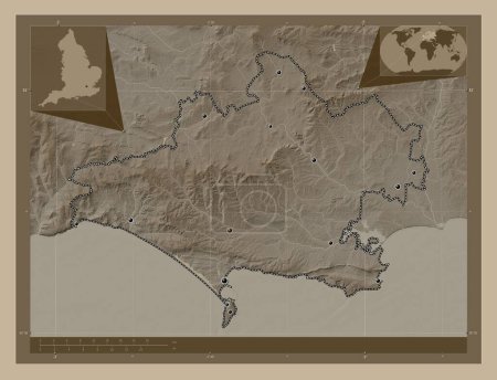Photo for Dorset, administrative county of England - Great Britain. Elevation map colored in sepia tones with lakes and rivers. Locations of major cities of the region. Corner auxiliary location maps - Royalty Free Image