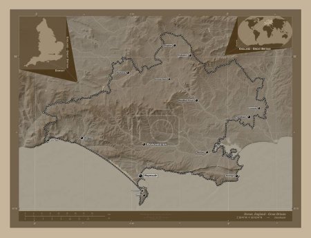 Photo for Dorset, administrative county of England - Great Britain. Elevation map colored in sepia tones with lakes and rivers. Locations and names of major cities of the region. Corner auxiliary location maps - Royalty Free Image