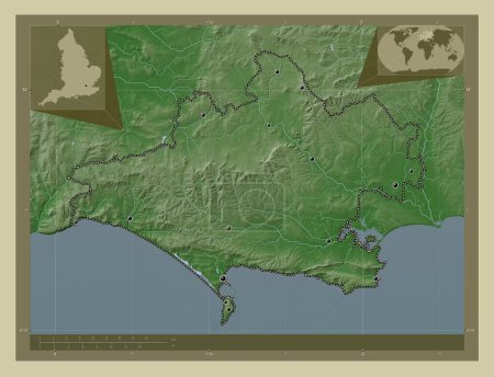 Foto de Dorset, condado administrativo de Inglaterra - Gran Bretaña. Mapa de elevación coloreado en estilo wiki con lagos y ríos. Ubicaciones de las principales ciudades de la región. Mapas de ubicación auxiliares de esquina - Imagen libre de derechos