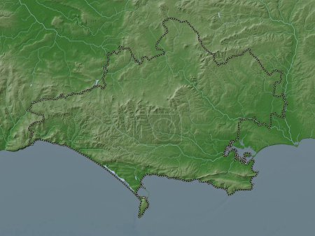 Foto de Dorset, condado administrativo de Inglaterra - Gran Bretaña. Mapa de elevación coloreado en estilo wiki con lagos y ríos - Imagen libre de derechos