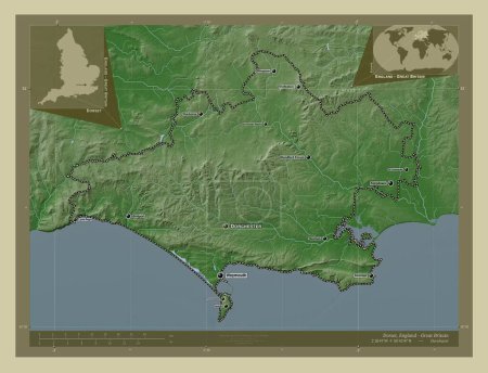 Foto de Dorset, condado administrativo de Inglaterra - Gran Bretaña. Mapa de elevación coloreado en estilo wiki con lagos y ríos. Ubicaciones y nombres de las principales ciudades de la región. Mapas de ubicación auxiliares de esquina - Imagen libre de derechos