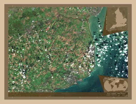 Foto de Dover, distrito no metropolitano de Inglaterra - Gran Bretaña. Mapa satelital de baja resolución. Ubicaciones y nombres de las principales ciudades de la región. Mapas de ubicación auxiliares de esquina - Imagen libre de derechos