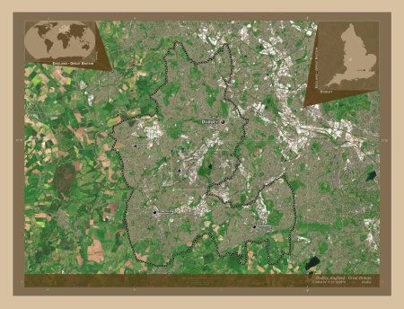 Téléchargez les photos : Dudley, comté administratif d'Angleterre - Grande-Bretagne. Carte satellite basse résolution. Emplacements et noms des grandes villes de la région. Corner cartes de localisation auxiliaires - en image libre de droit
