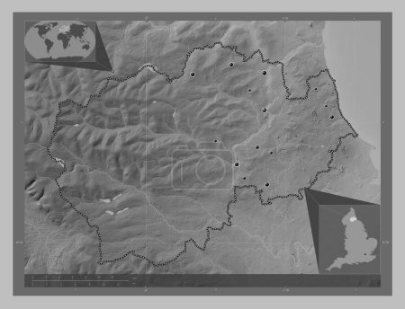 Foto de Condado de Durham, condado administrativo de Inglaterra - Gran Bretaña. Mapa de elevación a escala de grises con lagos y ríos. Ubicaciones de las principales ciudades de la región. Mapas de ubicación auxiliares de esquina - Imagen libre de derechos