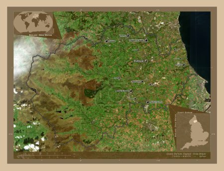 Foto de Condado de Durham, condado administrativo de Inglaterra - Gran Bretaña. Mapa satelital de baja resolución. Ubicaciones y nombres de las principales ciudades de la región. Mapas de ubicación auxiliares de esquina - Imagen libre de derechos