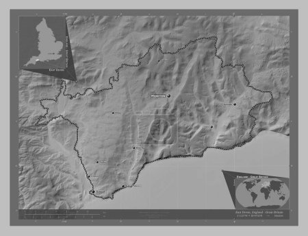 Photo for East Devon, non metropolitan district of England - Great Britain. Grayscale elevation map with lakes and rivers. Locations and names of major cities of the region. Corner auxiliary location maps - Royalty Free Image