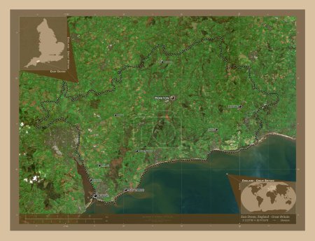 Photo for East Devon, non metropolitan district of England - Great Britain. Low resolution satellite map. Locations and names of major cities of the region. Corner auxiliary location maps - Royalty Free Image