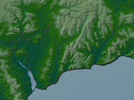 Téléchargez les photos : East Devon, district non métropolitain d'Angleterre - Grande-Bretagne. Carte d'altitude colorée avec lacs et rivières - en image libre de droit