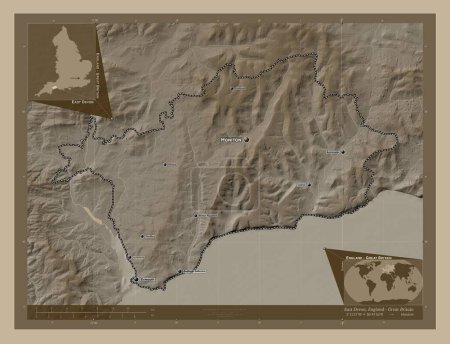 Photo for East Devon, non metropolitan district of England - Great Britain. Elevation map colored in sepia tones with lakes and rivers. Locations and names of major cities of the region. Corner auxiliary location maps - Royalty Free Image