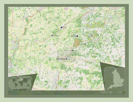 Foto de East Hampshire, distrito no metropolitano de Inglaterra Gran Bretaña. Open Street Map. Ubicaciones y nombres de las principales ciudades de la región. Mapas de ubicación auxiliares de esquina - Imagen libre de derechos