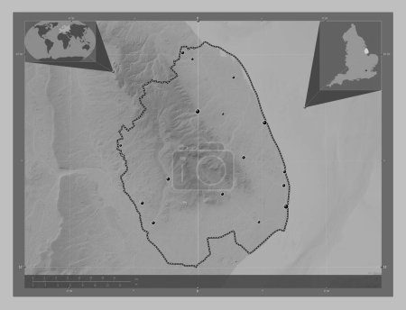 Photo for East Lindsey, non metropolitan district of England - Great Britain. Grayscale elevation map with lakes and rivers. Locations of major cities of the region. Corner auxiliary location maps - Royalty Free Image