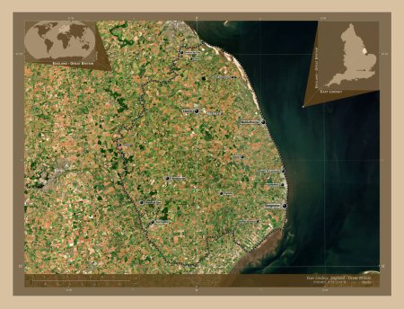 Photo for East Lindsey, non metropolitan district of England - Great Britain. Low resolution satellite map. Locations and names of major cities of the region. Corner auxiliary location maps - Royalty Free Image