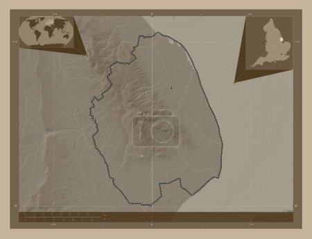 Photo for East Lindsey, non metropolitan district of England - Great Britain. Elevation map colored in sepia tones with lakes and rivers. Corner auxiliary location maps - Royalty Free Image
