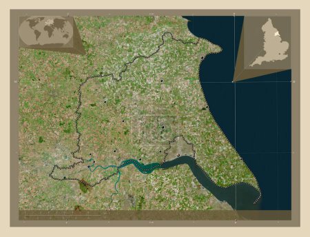Foto de East Riding of Yorkshire, autoridad unitaria de Inglaterra Gran Bretaña. Mapa satelital de alta resolución. Ubicaciones de las principales ciudades de la región. Mapas de ubicación auxiliares de esquina - Imagen libre de derechos